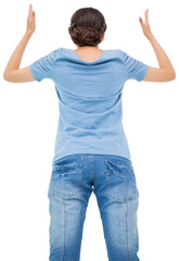 Digital png illustration of back of caucasian woman shouting on transparent background