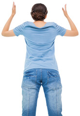 Fototapeta premium Digital png illustration of back of caucasian woman shouting on transparent background