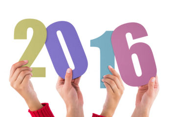 Digital png illustration of hands with 2016 text on transparent background