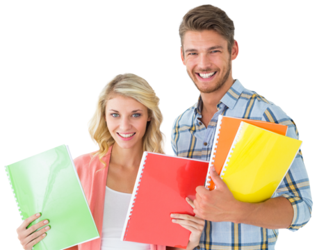 Digital png illustration of caucasian couple holding notebooks on transparent background