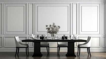 Black chairs and wooden dining table against classic white paneling wall interior design of the modern dining room generative ai
