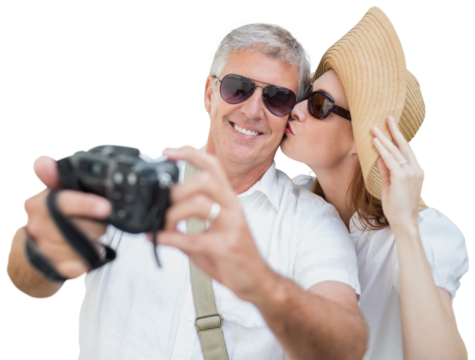 Digital png illustration of caucasian couple taking selfie on transparent background