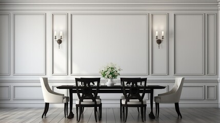 Naklejka na ściany i meble Black chairs and wooden dining table against classic white paneling wall interior design of the modern dining room generative ai