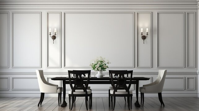 Black chairs and wooden dining table against classic white paneling wall interior design of the modern dining room generative ai