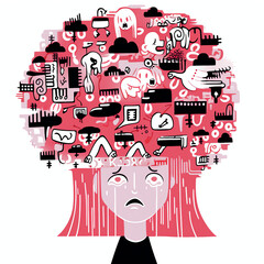 Stress trauma mental health issues sad girl comic illustration transparent isolated - Generative AI