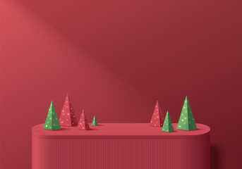 Abstract 3D wall scene background with realistic red round stand product podium, Christmas light on red, green tree. Mery christmas minimal mockup display. Vector geometric forms. Stage showcase.