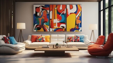 Pop art style interior design of the modern living room with two beige sofas generative ai
