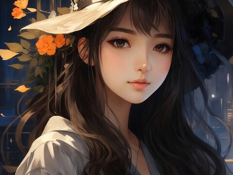 3D illustration of a beautiful asian woman in a hat.