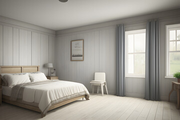 Cozy farmhouse bedroom interior, wall mockup, 3d render.