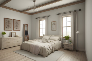 Cozy farmhouse bedroom interior, wall mockup, 3d render. Luxury comfortable bedroom.
