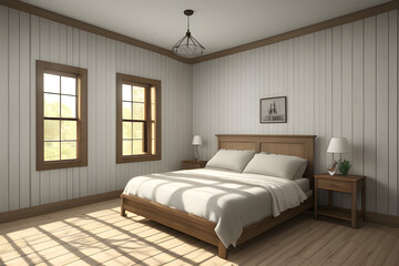 Cozy farmhouse bedroom interior, wall mockup, 3d render. Interior of a bedroom.