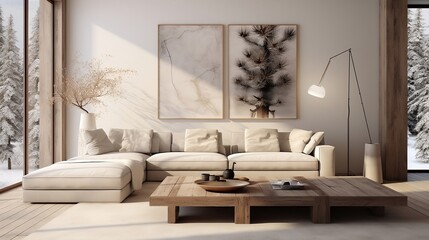 The minimalist interior design of the modern living room with rustic accent pieces generative ai