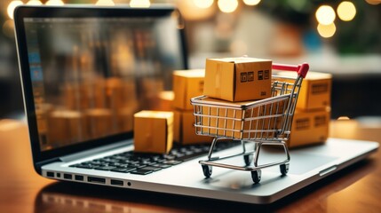 Package boxes in a cart with a laptop computer for an online shopping concept