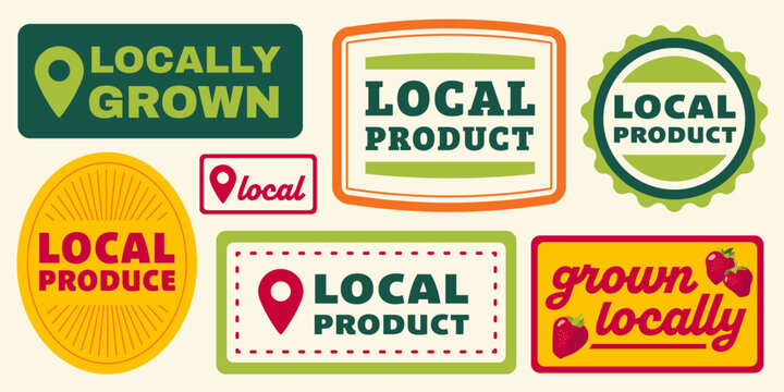 Local product graphic icon collection. Locally grown and local produce stickers and logo vector illustrations. 