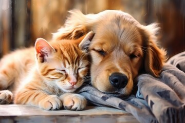 ping dog and cat on bed sleeping together. Generative AI