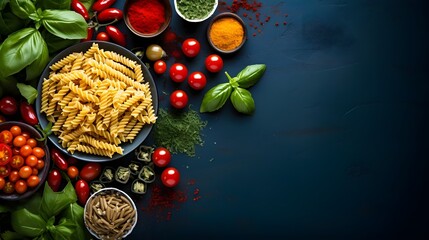 Fototapeta na wymiar Colorful array of pasta ingredients spread out such as basil, penne pasta, fusilli, cherry tomatoes, olives, jalapeños, pine nuts on dark blue background. Created with Generative AI Technology. 