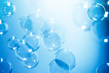 Beautiful Transparent Shiny Blue Soap Bubbles Floating in The Air. Abstract Background, Celebration Festive Backdrop, Refreshing of Soap Suds Bubbles Water.	