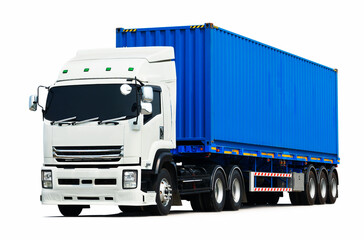Semi Trailer Trucks Isolated on White Background. Shipping Cargo Container, Delivery Trucks, Distribution Warehouse. Import- Export, Freight Trucks Cargo Transport. Warehouse Logistics.