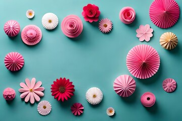 elemental beauty of paper decoration hand paper flowers isolated irregularly on blue background top view 