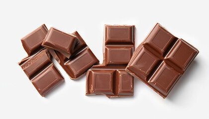 Pieces of delicious milk chocolate bars on white background, top view