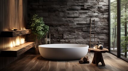 The rustic interior design of the modern bathroom with wooden walls and bathtub generative ai