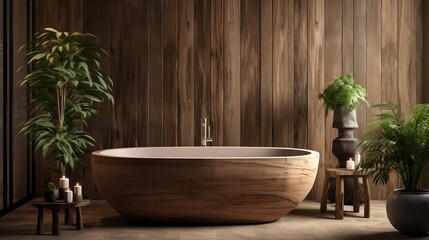 The rustic interior design of the modern bathroom with wooden walls and bathtub generative ai