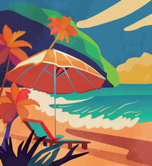 Fototapeta na wymiar Illustration of a colorful summer beach landscape