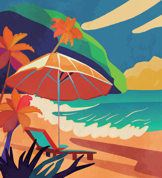 Illustration of a colorful summer beach landscape