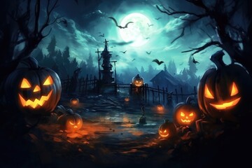 Fototapeta na wymiar Illustration of Halloween Backdrop, Pumpkins In Graveyard In The Spooky Night, Generative AI