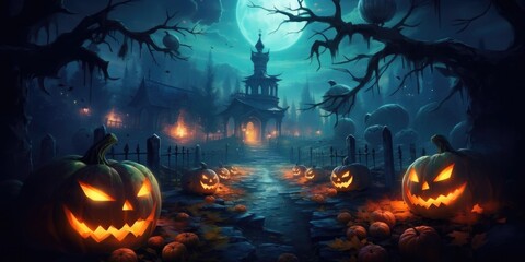 Fototapeta na wymiar Illustration of Halloween Backdrop, Pumpkins In Graveyard In The Spooky Night, Generative AI