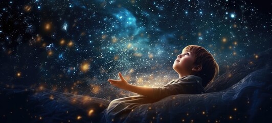 Illustragion of beautiful scenery showing the young boy girl among glowing planets and star in the night sky, dreaming or hope concept, Generative AI