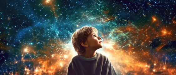 Obraz premium Illustragion of beautiful scenery showing the young boy girl among glowing planets and star in the night sky, dreaming or hope concept, Generative AI
