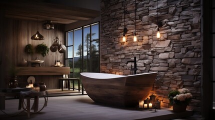 Fototapeta na wymiar The rustic interior design of the modern bathroom with wooden walls and bathtub generative ai