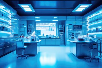 Illustration of Modern Medical Research Laboratory with Microscope and Test Tubes with Biochemicals on the Desk, Generative AI