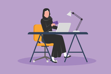 Cartoon flat style drawing young Arabian woman sitting on chair and typing entering credit card code on laptop around desk. Digital payment, online store technology. Graphic design vector illustration