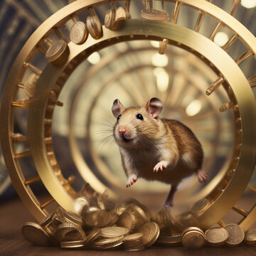 Rat Race Snare:  the image of a rat running endlessly on a hamster wheel of coins symbolizes the endless pursuit of money in the rat race.