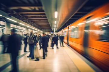 Fototapeta premium Beautiful motion blur of walking people. Early morning rush hours, busy modern life concept. Ideal for websites and magazines layouts