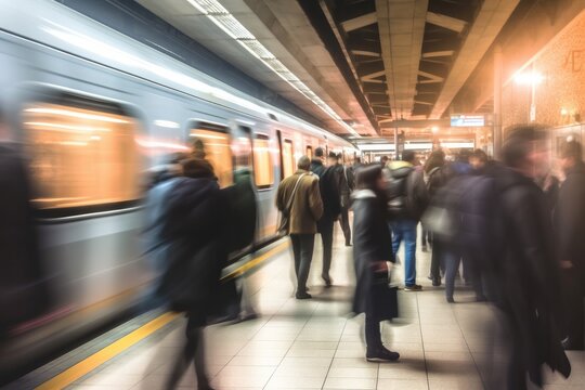 Beautiful motion blur of walking people. Early morning rush hours, busy modern life concept. Ideal for websites and magazines layouts