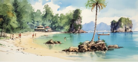 Naklejka premium Illustration of painting watercolor seascape, vacation and tourism in summery, Generative AI