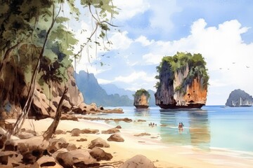 Illustration of painting watercolor seascape, vacation and tourism in summery, Generative AI