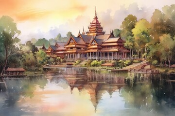 Naklejka premium Illustration of painting watercolor seascape, vacation and tourism in summery, Generative AI