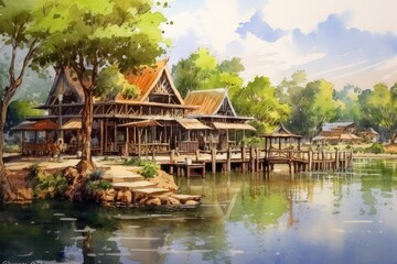 Obraz premium Illustration of painting watercolor seascape, vacation and tourism in summery, Generative AI