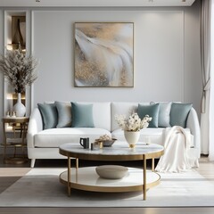 Modern luxury living room with cozy white sofa and golden coffee table generative ai