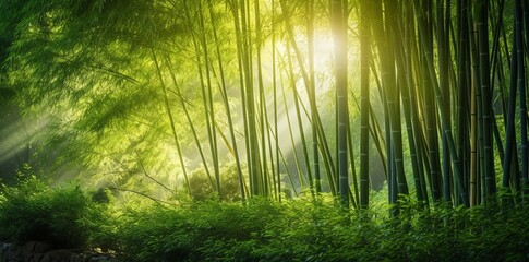 Bamboo forest with sun shining through the leaves in the morning