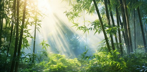 Bamboo forest with sun shining through the leaves in the morning 