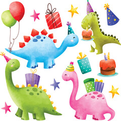 Watercolor illustration set of cute colorful dinosaurs and birthday party elements © Stella