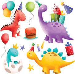 Watercolor illustration set of cute colorful dinosaurs and birthday party elements © Stella