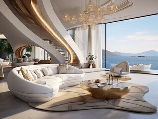 Luxury villa on the seaside interior design of the modern living room with golden sculptures generative ai