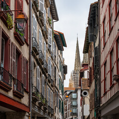 Fototapeta premium Calle con tipicas casas con la torre de la catedral de Bayona al fondo, Francia.