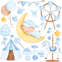 Naklejka premium Watercolor illustration set of cute nursery clipart for baby boy